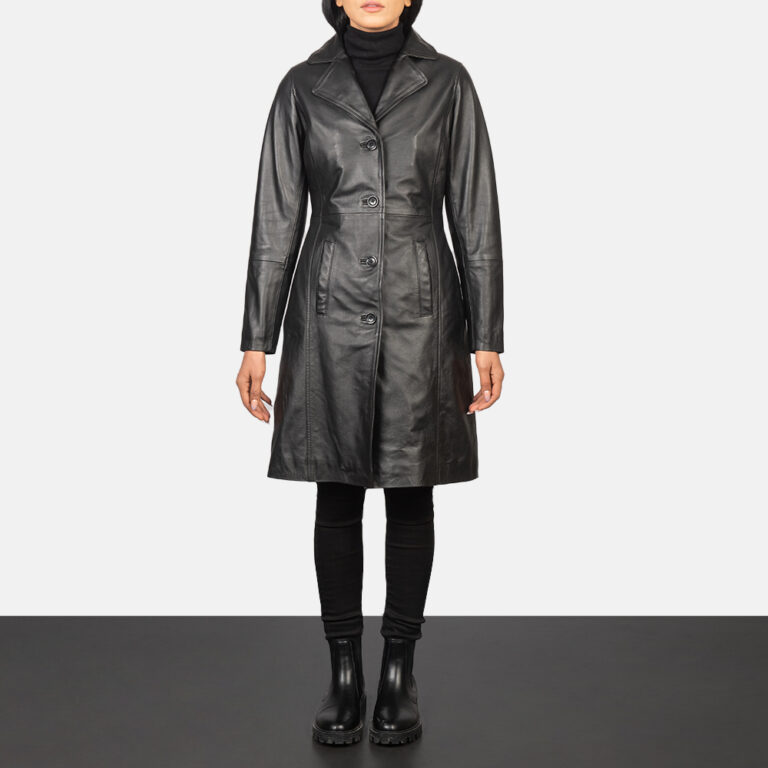 Womens Alexis Black Single Breasted Leather Coat Full Length-2-1652199479095